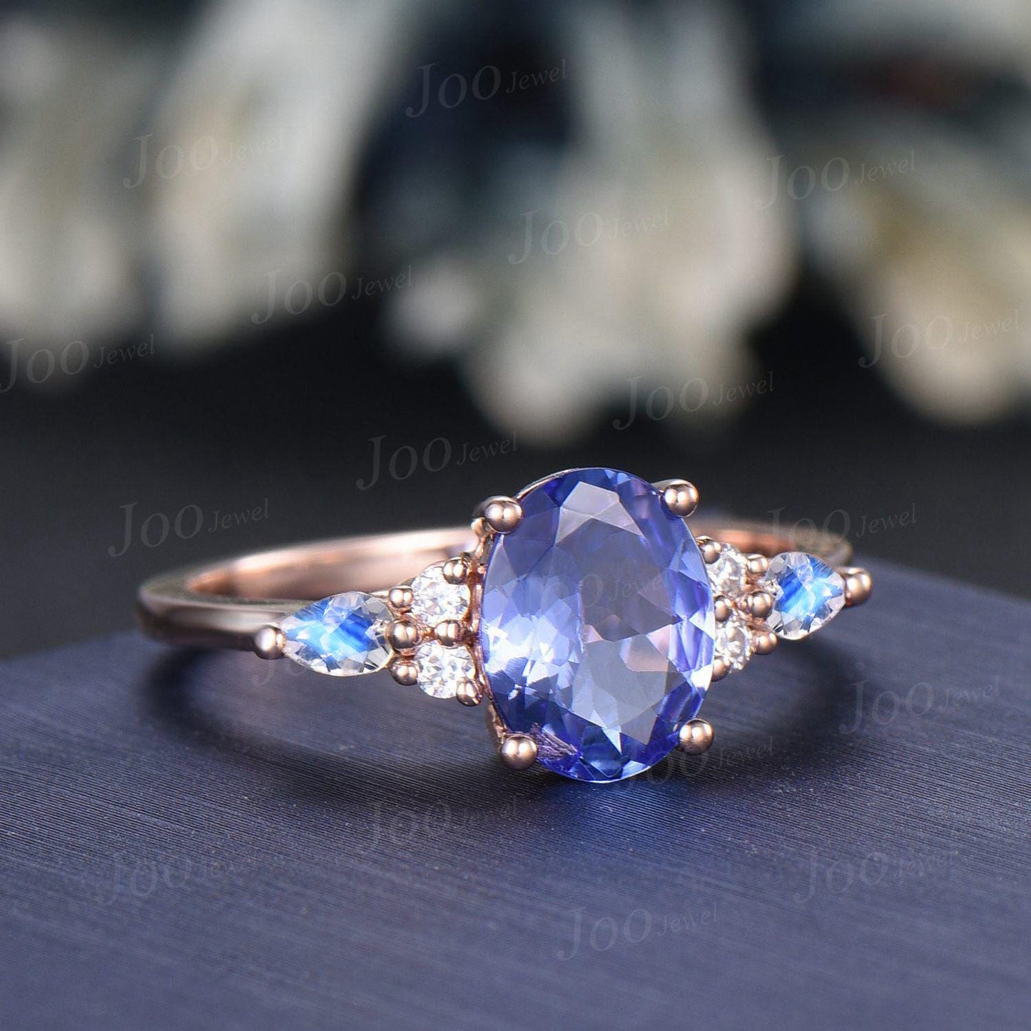 1.5ct Oval Cut Natural Tanzanite Engagement Ring 10K Rose Gold Genuine Natural Tanzanite Moonstone Ring December Birthstone Jewelry Gift