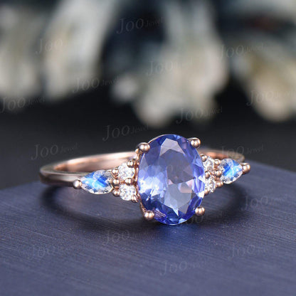 1.5ct Oval Cut Natural Tanzanite Engagement Ring 10K Rose Gold Genuine Natural Tanzanite Moonstone Ring December Birthstone Jewelry Gift