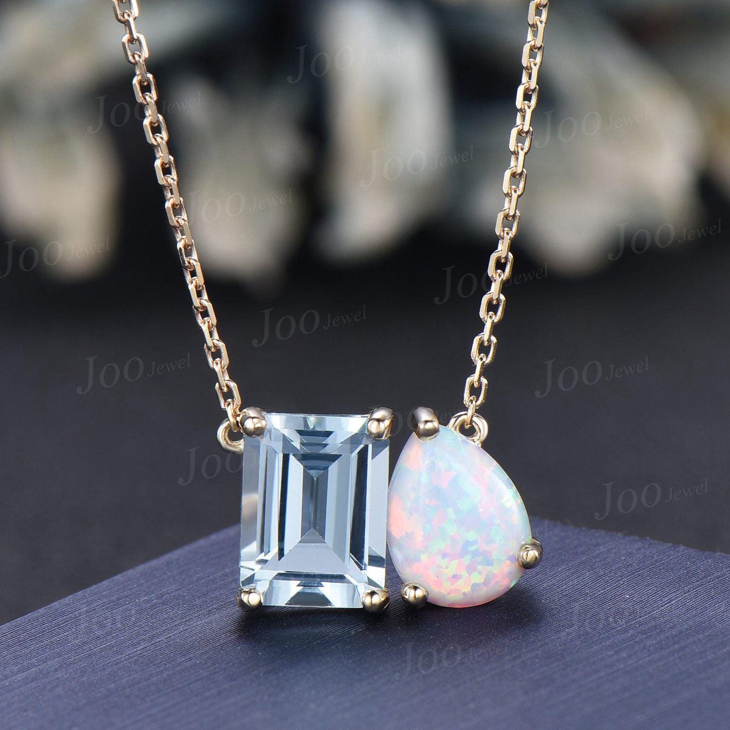 Natural Aquamarine Opal Toi Et Moi Pendant | Pear & Emerald Cut Two Stone Pendant Necklace | You and Me Necklace | Couple Friend Necklaces