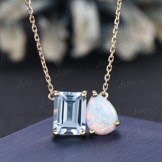 Natural Aquamarine Opal Toi Et Moi Pendant | Pear & Emerald Cut Two Stone Pendant Necklace | You and Me Necklace | Couple Friend Necklaces
