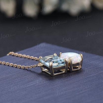 Natural Aquamarine Opal Toi Et Moi Pendant | Pear & Emerald Cut Two Stone Pendant Necklace | You and Me Necklace | Couple Friend Necklaces