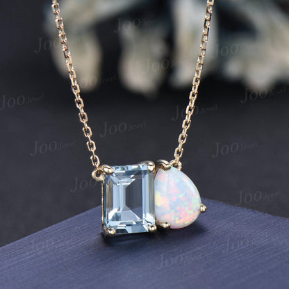 Natural Aquamarine Opal Toi Et Moi Pendant | Pear & Emerald Cut Two Stone Pendant Necklace | You and Me Necklace | Couple Friend Necklaces