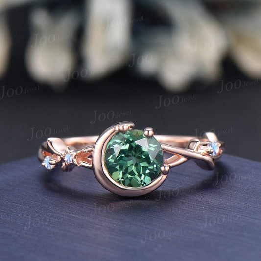 Nature Inspired Green Sapphire Ring Moon Star Design Vintage 1ct Round Olive Sapphire Engagement Ring Moonstone Dainty Branch Wedding Ring