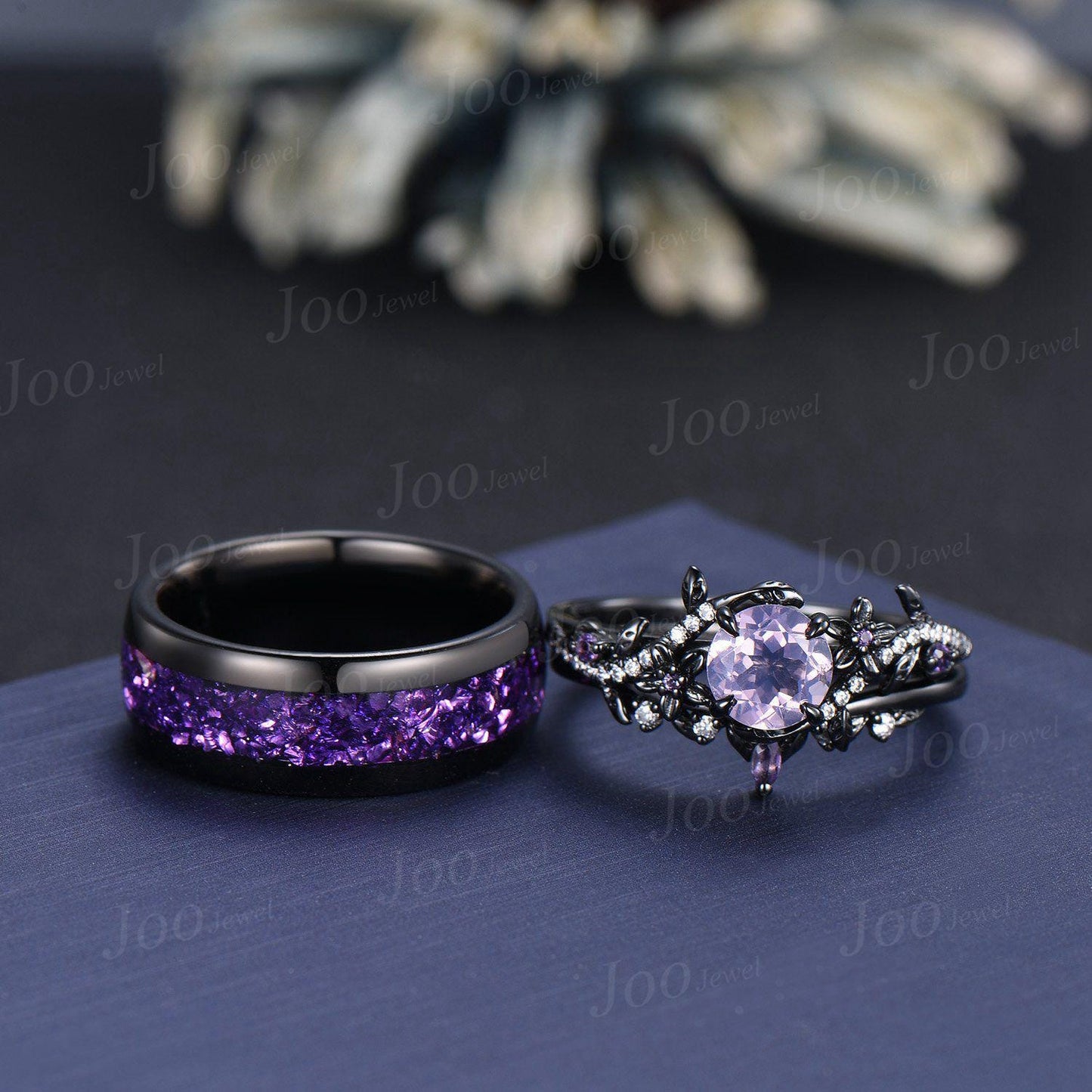 Vintage 1ct Round Cut Natural Lavender Amethyst Couples Ring Set Black Wedding Ring Set Amethyst Matching Ring Set His and Hers Wedding Band