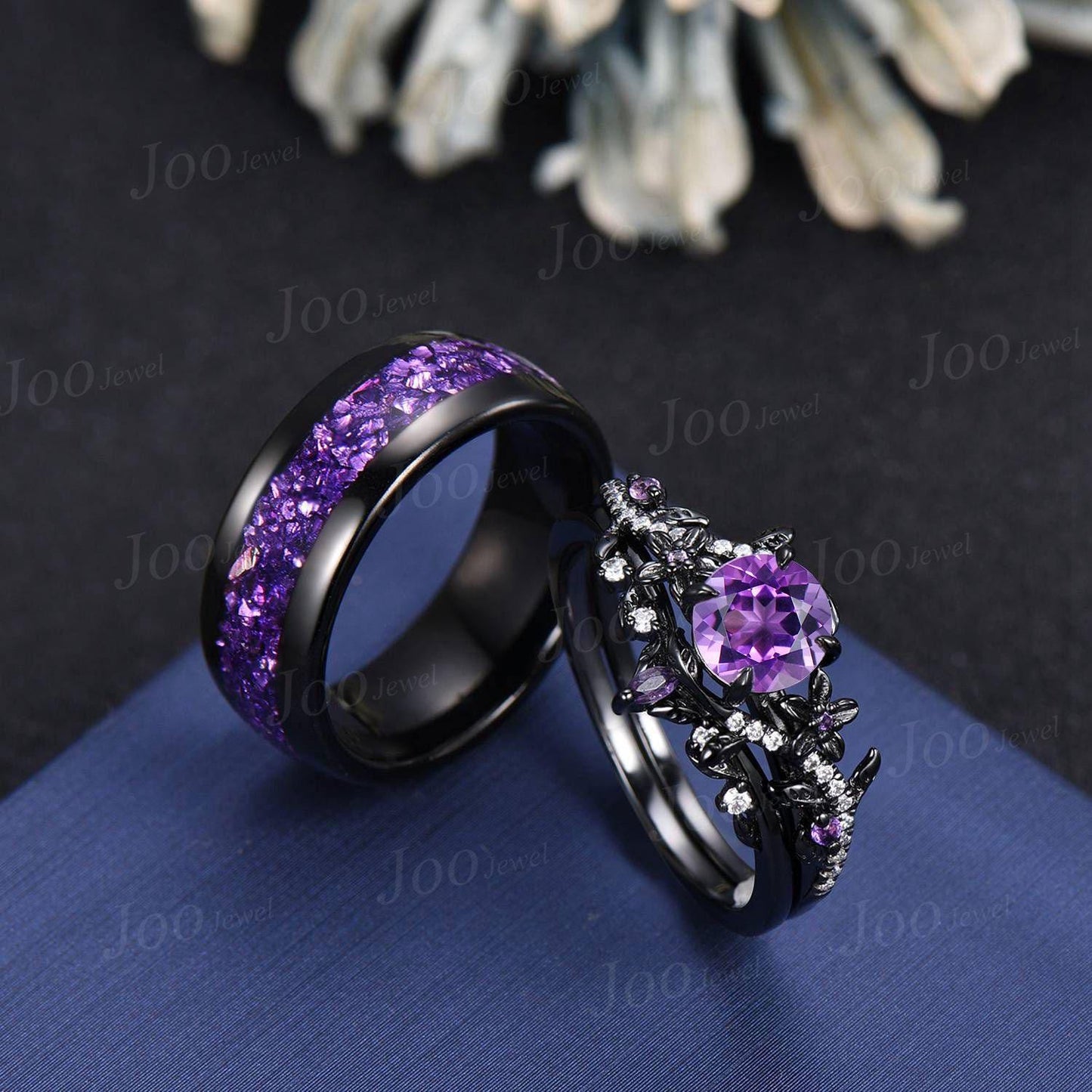 Vintage 1ct Round Cut Natural Amethyst Branch Flower Couples Ring Set Black Wedding Ring Amethyst Matching Ring His and Hers Wedding Band