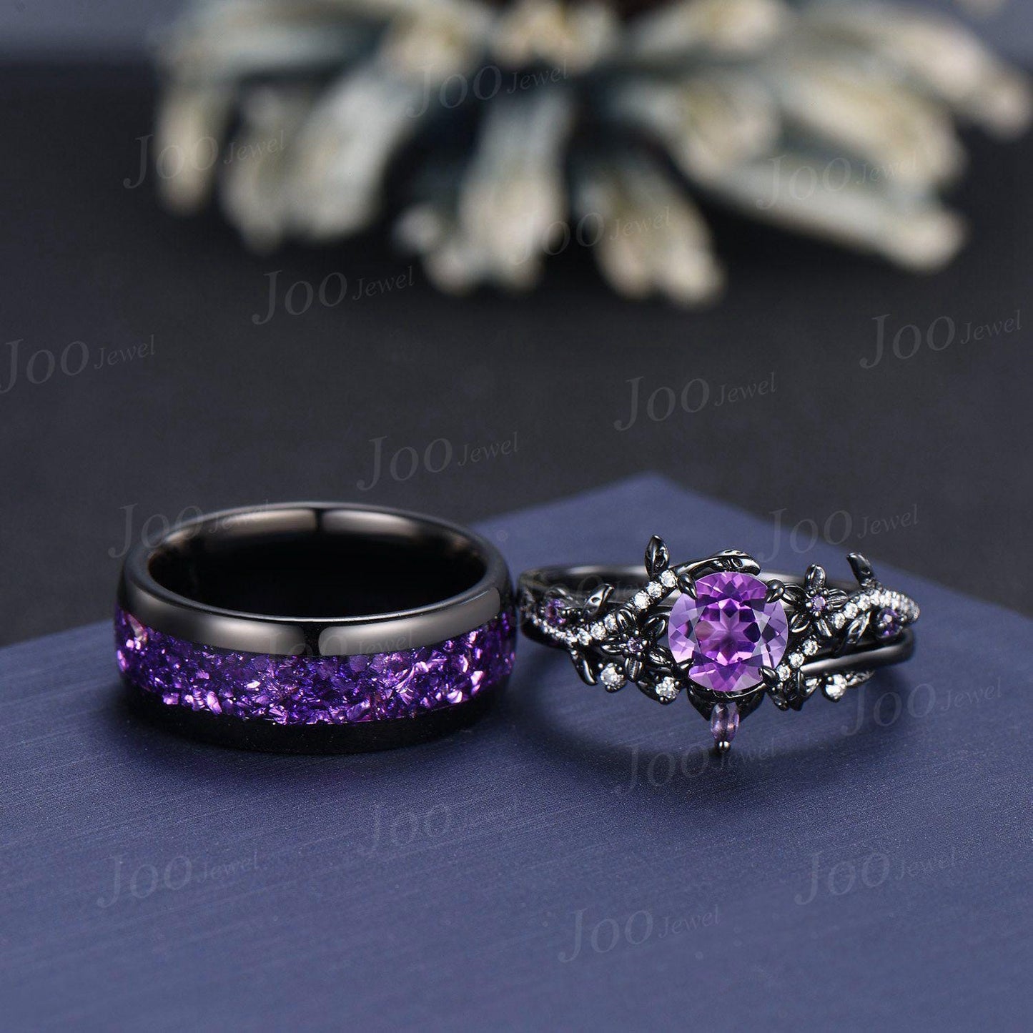 Vintage 1ct Round Cut Natural Amethyst Branch Flower Couples Ring Set Black Wedding Ring Amethyst Matching Ring His and Hers Wedding Band