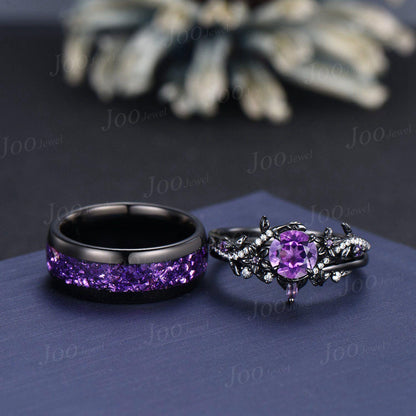 Vintage 1ct Round Cut Natural Amethyst Branch Flower Couples Ring Set Black Wedding Ring Amethyst Matching Ring His and Hers Wedding Band