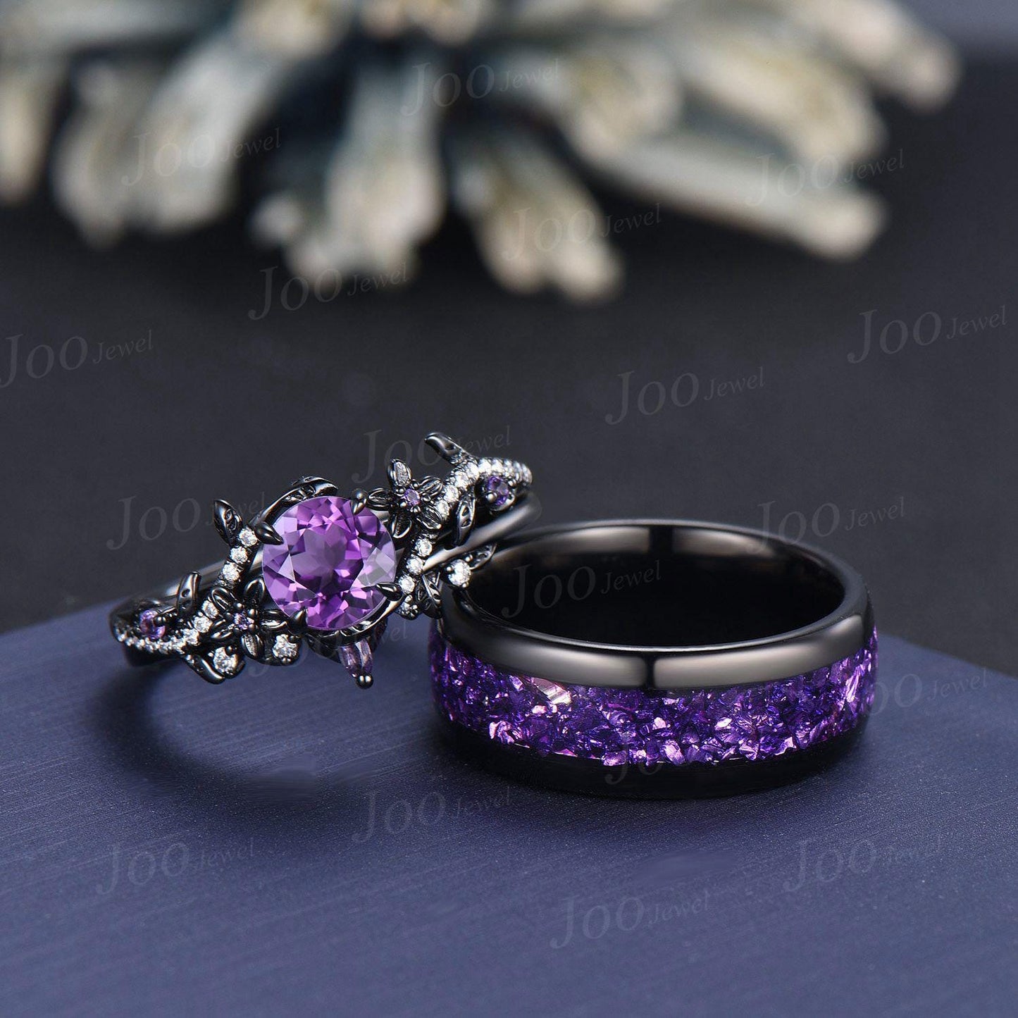 Vintage 1ct Round Cut Natural Amethyst Branch Flower Couples Ring Set Black Wedding Ring Amethyst Matching Ring His and Hers Wedding Band