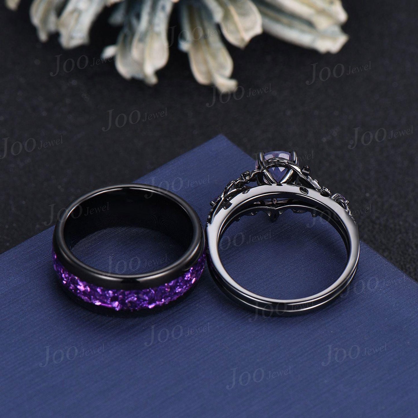 Vintage 1ct Round Cut Natural Amethyst Branch Flower Couples Ring Set Black Wedding Ring Amethyst Matching Ring His and Hers Wedding Band