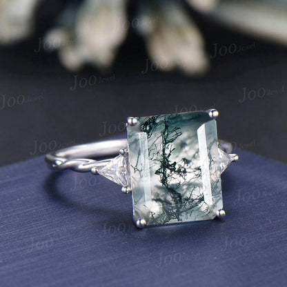 8ct Natural Moss Agate Engagement Ring, Octagon/Emerald Cut Wedding Ring with Triangular Moissanite, Unique Luxury Proposal Rings Platinum