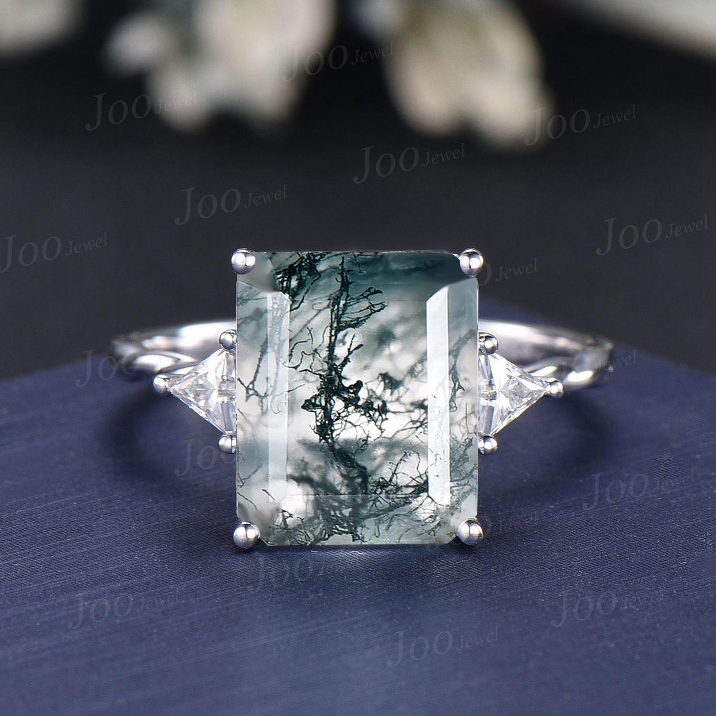 8ct Natural Moss Agate Engagement Ring, Octagon/Emerald Cut Wedding Ring with Triangular Moissanite, Unique Luxury Proposal Rings Platinum