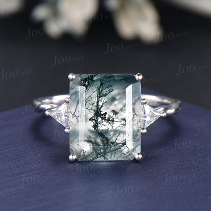 8ct Natural Moss Agate Engagement Ring, Octagon/Emerald Cut Wedding Ring with Triangular Moissanite, Unique Luxury Proposal Rings Platinum