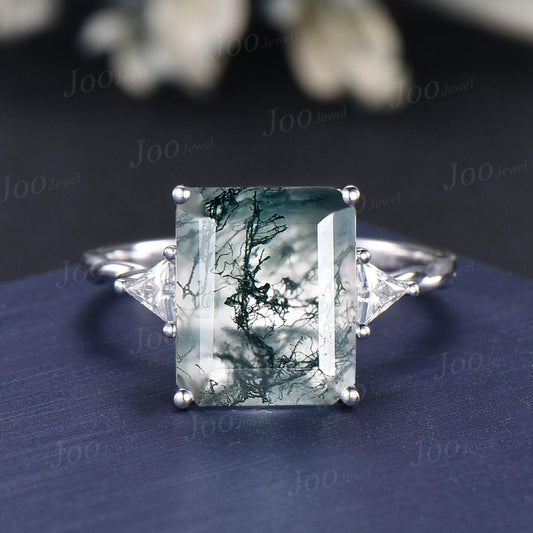 8ct Natural Moss Agate Engagement Ring, Octagon/Emerald Cut Wedding Ring with Triangular Moissanite, Unique Luxury Proposal Rings Platinum