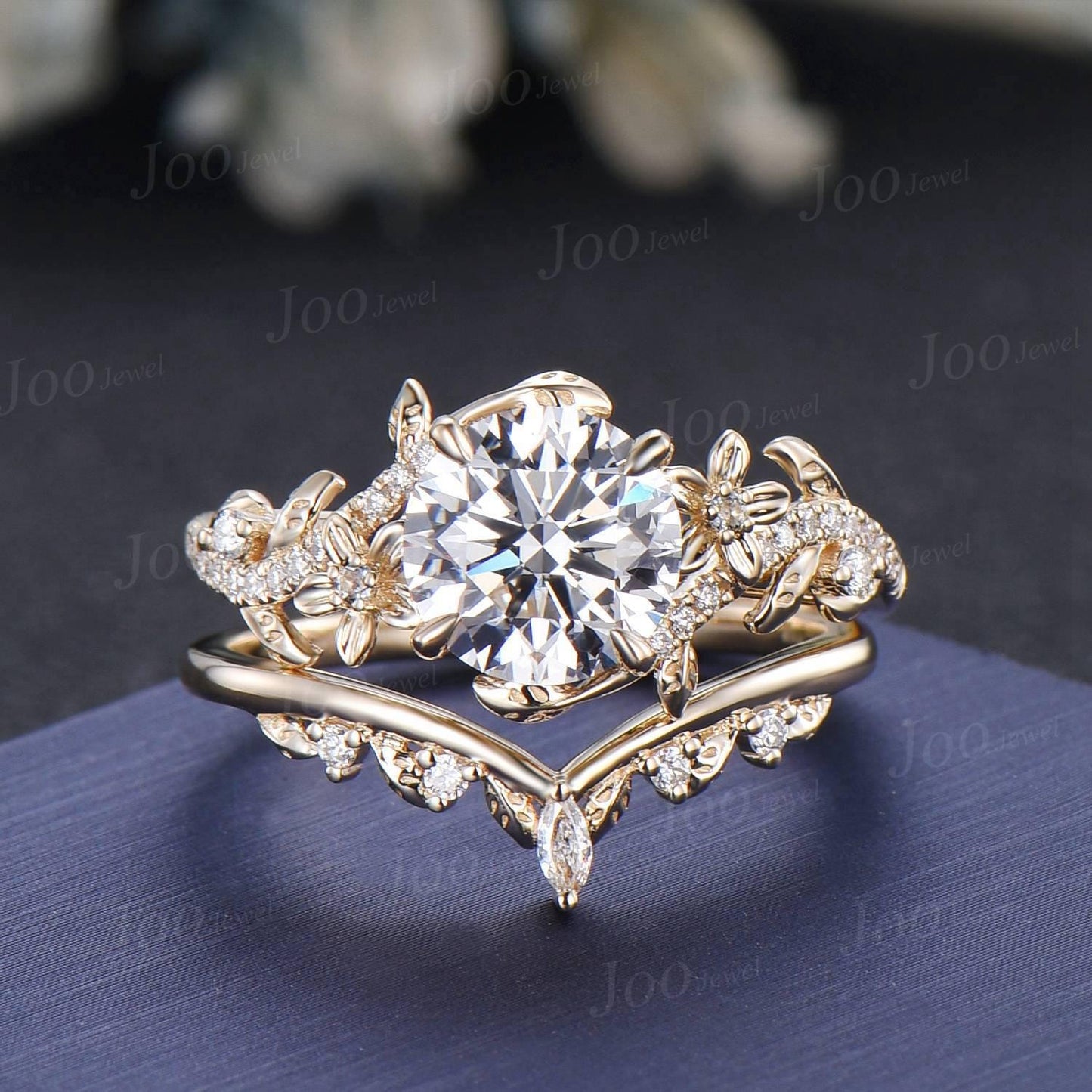 8mm IGI Certified Diamond Engagement Rings 10K Yellow Gold Round Cut Lab Grown Diamond Wedding Ring for Her Unique Leaf Floral Bridal Ring