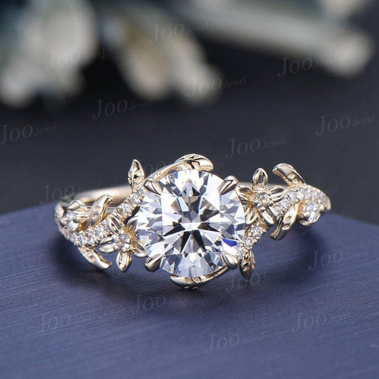 8mm IGI Certified Diamond Engagement Rings 10K Yellow Gold Round Cut Lab Grown Diamond Wedding Ring for Her Unique Leaf Floral Bridal Ring