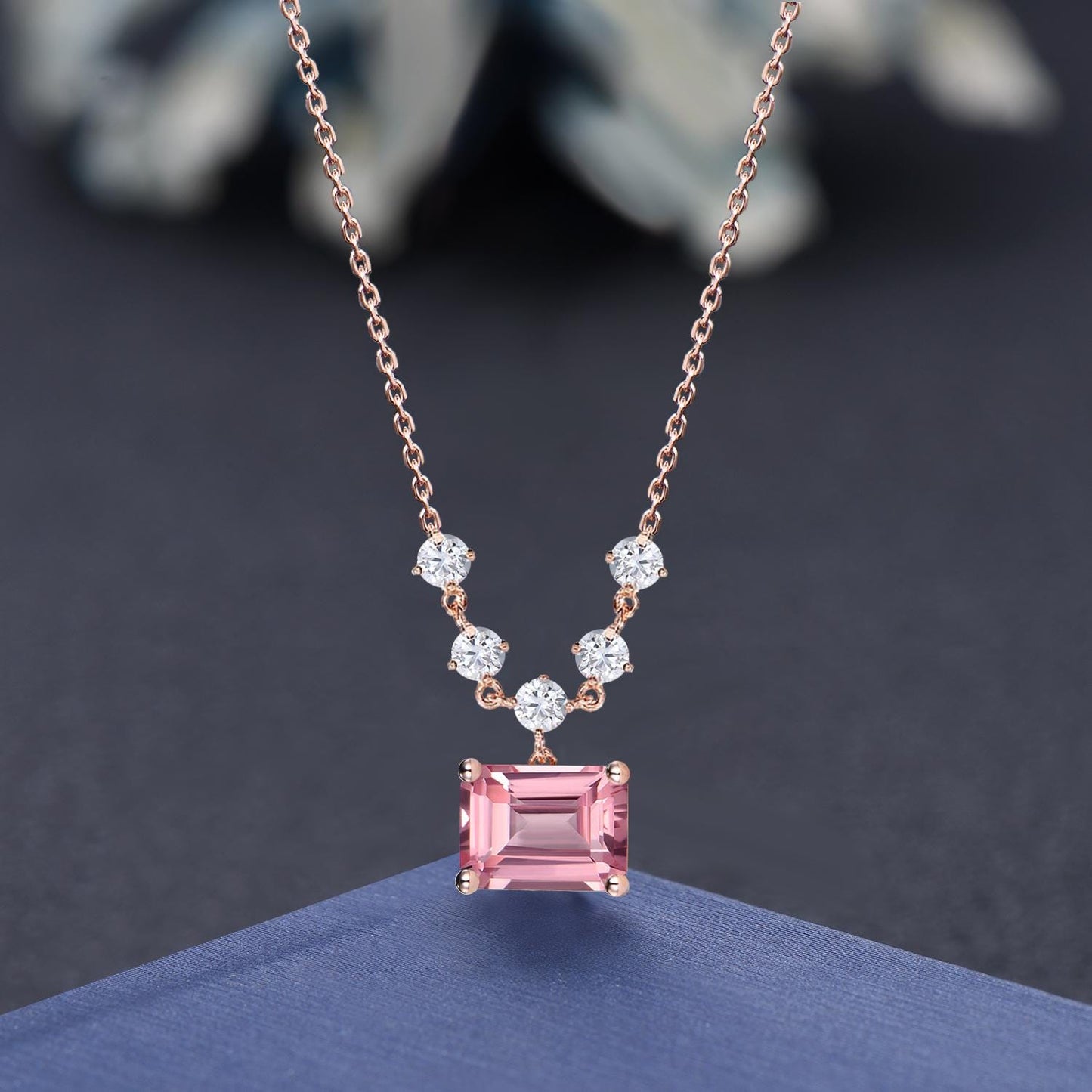 2 ctw Emerald Cut Pink Padparadscha Drop Necklace Sterling Silver/9K Solid Rose Gold Vintage Art Deco Pink Sapphire Pendant Anniversary Gift