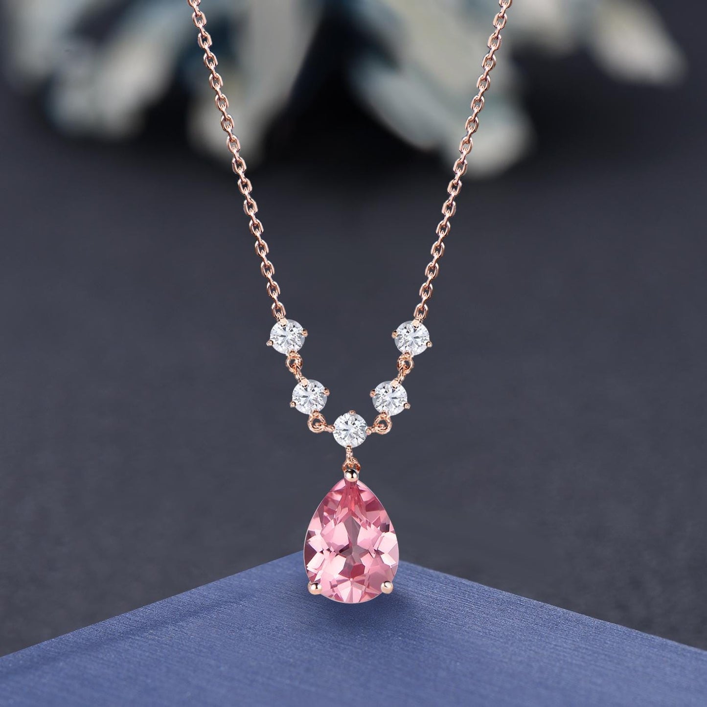 2 ctw Emerald Cut Pink Padparadscha Drop Necklace Sterling Silver/9K Solid Rose Gold Vintage Art Deco Pink Sapphire Pendant Anniversary Gift