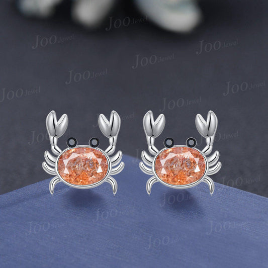 1.5ct Oval Natural Sunstone Crab Earrings Sterling Silver Oval Sunstone Earrings Cutie Ocean Waterproof Hypoallergenic Crab Studs for Girl