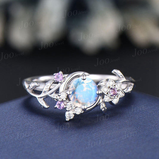 5mm Round Natural Moonstone Crescent Moon Ring Vintage Art Deco Sterling Silver June Birthstone Wedding Ring Rainbow Moonstone Promise Rings