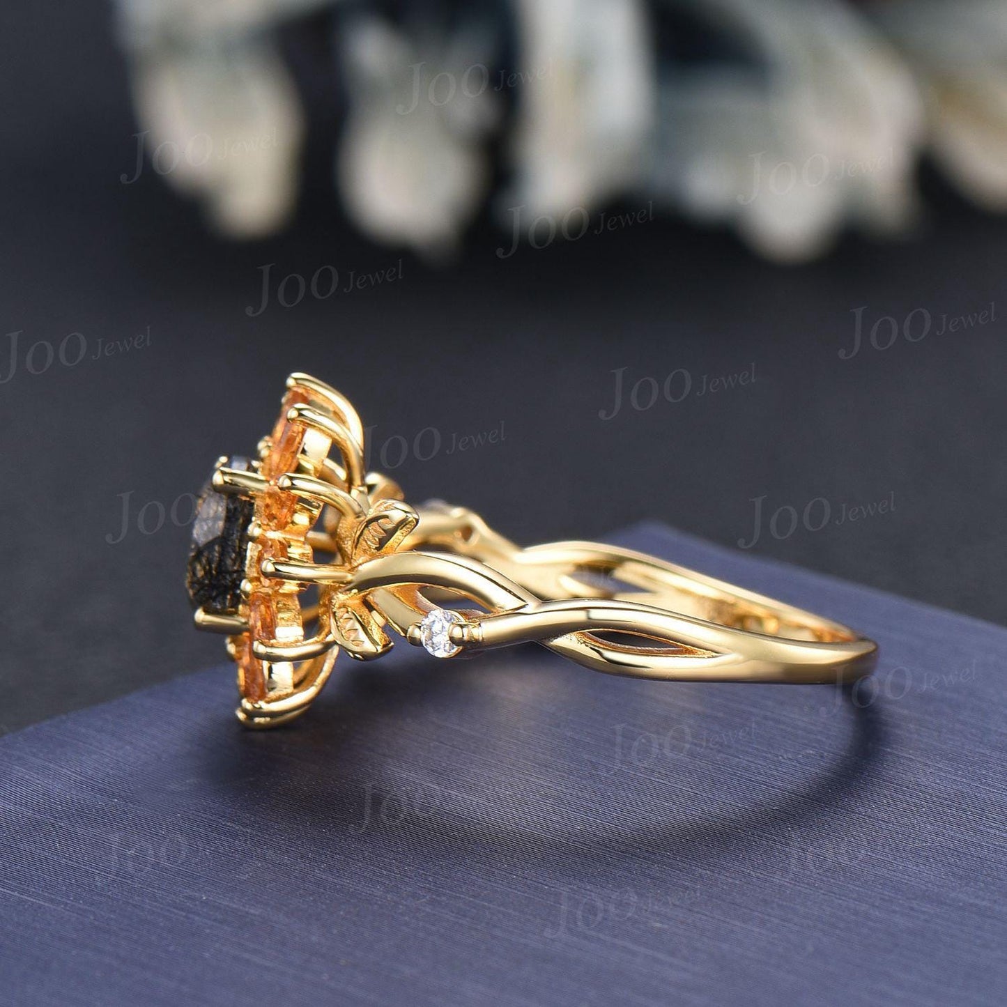 Sunflower Wedding Ring Solid 10K Gold Natural Citrine Black Rutilated Quartz Twisted Vine Floral Engagement Ring for Women Birthday Gifts