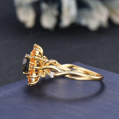 Sunflower Wedding Ring Solid 10K Gold Natural Citrine Black Rutilated Quartz Twisted Vine Floral Engagement Ring for Women Birthday Gifts