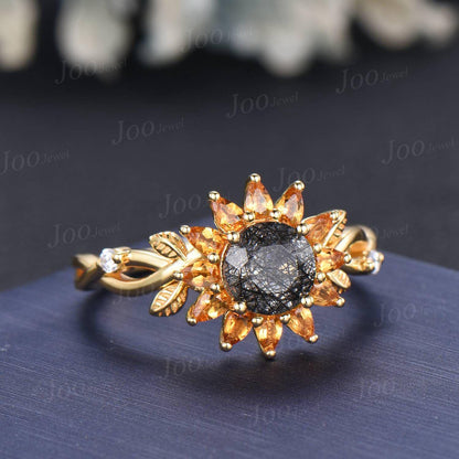 Sunflower Wedding Ring Solid 10K Gold Natural Citrine Black Rutilated Quartz Twisted Vine Floral Engagement Ring for Women Birthday Gifts