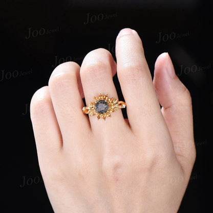 Sunflower Wedding Ring Solid 10K Gold Natural Citrine Black Rutilated Quartz Twisted Vine Floral Engagement Ring for Women Birthday Gifts