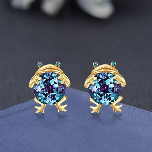 Cute Frog Earrings Round Cut Color-Change Alexandrite Earrings Minimalist Emerald Opal Frog Stud Earrings Birthday Gifts for Daughter Girl
