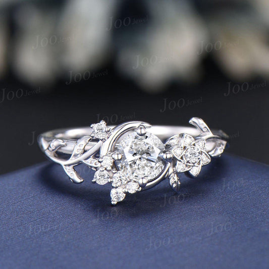 Nature Inspired Round Cut 5mm Lab Grown Diamond Ring Crescent Moon VVS D Diamond Wedding Ring Dainty Art Deco Diamond Promise Ring for Women