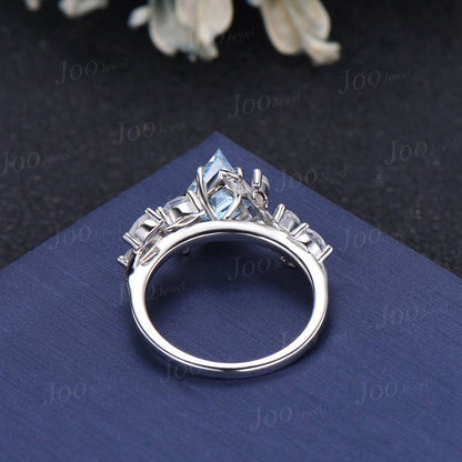 2ct Kite Cut Natural Aquamarine Branch Engagement Ring Sterling Silver Nature Inspired Aquamarine Moonstone Cluster Leaf Wedding Ring Women