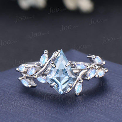 2ct Kite Cut Natural Aquamarine Branch Engagement Ring Sterling Silver Nature Inspired Aquamarine Moonstone Cluster Leaf Wedding Ring Women