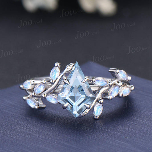 2ct Kite Cut Natural Aquamarine Branch Engagement Ring Sterling Silver Nature Inspired Aquamarine Moonstone Cluster Leaf Wedding Ring Women