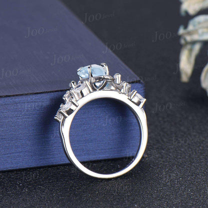 2ct Kite Cut Natural Aquamarine Branch Engagement Ring Sterling Silver Nature Inspired Aquamarine Moonstone Cluster Leaf Wedding Ring Women