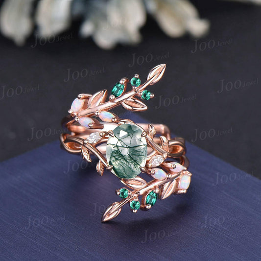 1.5ct Oval Cut Natural Moss Agate Leaf Enhancer Bridal Ring Twig Branch Nature Inspired 14k Rose Gold Opal Emerald Jacket Wedding Band Women