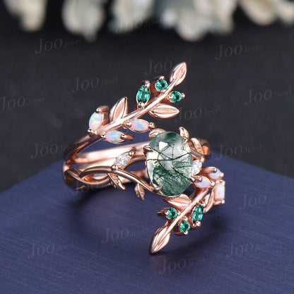 1.5ct Oval Cut Natural Moss Agate Leaf Enhancer Bridal Ring Twig Branch Nature Inspired 14k Rose Gold Opal Emerald Jacket Wedding Band Women