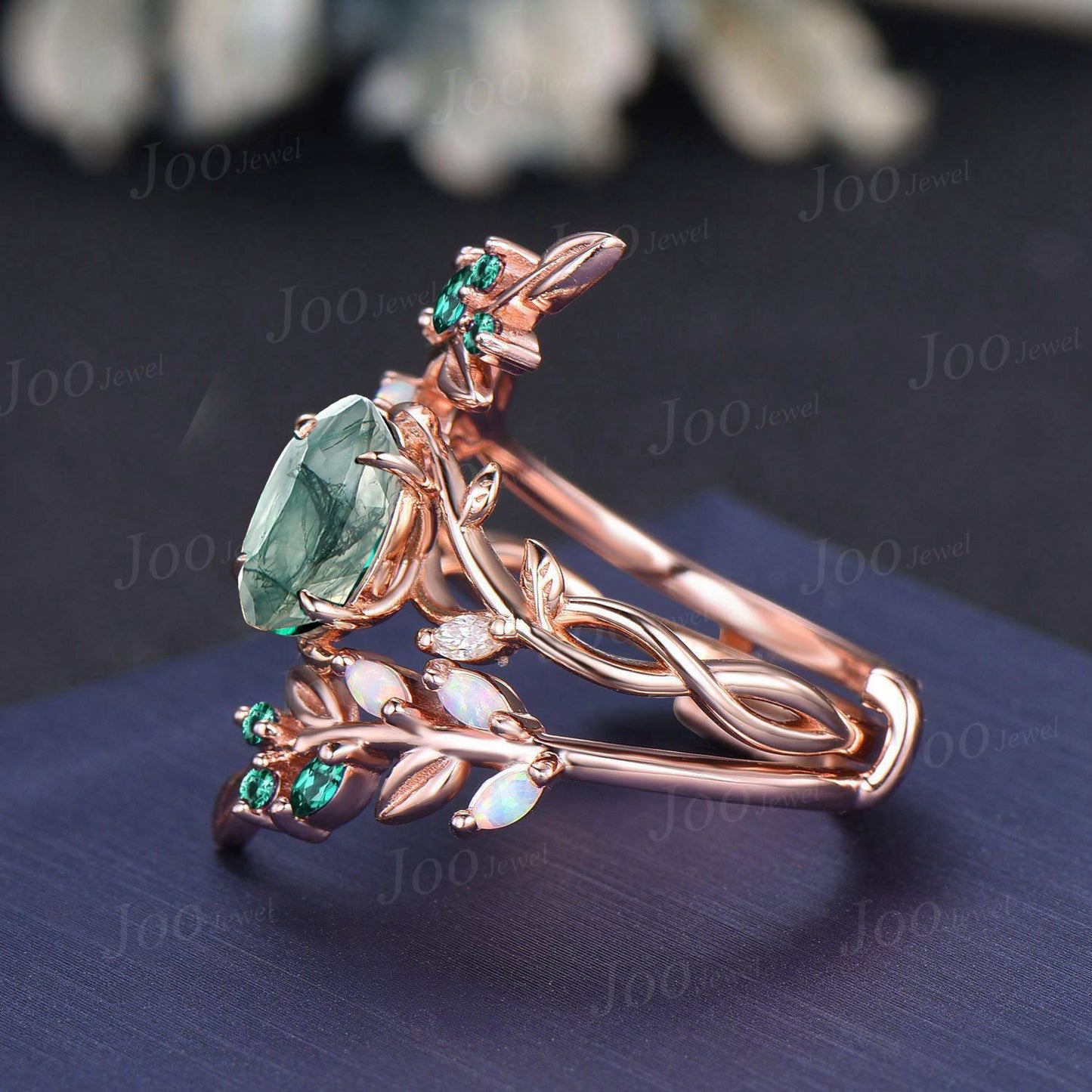 1.5ct Oval Cut Natural Moss Agate Leaf Enhancer Bridal Ring Twig Branch Nature Inspired 14k Rose Gold Opal Emerald Jacket Wedding Band Women