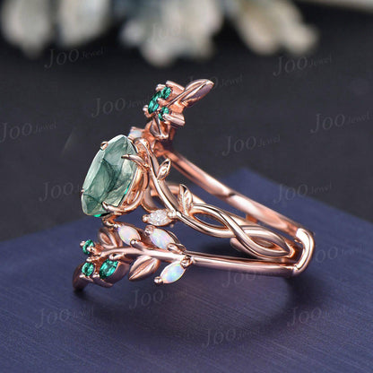 1.5ct Oval Cut Natural Moss Agate Leaf Enhancer Bridal Ring Twig Branch Nature Inspired 14k Rose Gold Opal Emerald Jacket Wedding Band Women