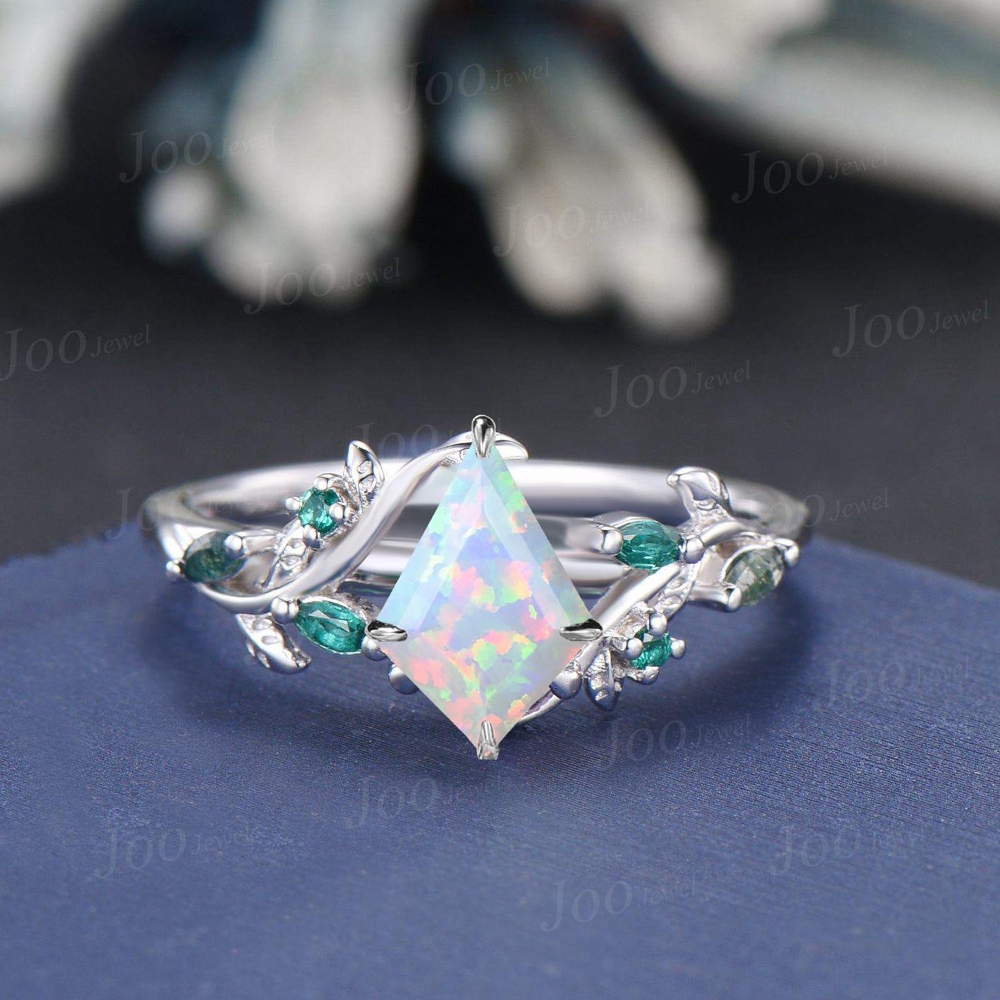 1ct Kite Cut White Opal Bridal Ring Set 10K Rose Gold Branch Engagement Ring Emerald Opal Wedding Ring Moss Agate Wedding Band for Women