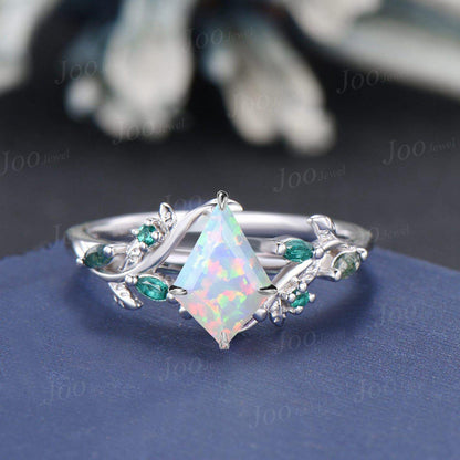 1ct Kite Cut White Opal Bridal Ring Set 10K Rose Gold Branch Engagement Ring Emerald Opal Wedding Ring Moss Agate Wedding Band for Women