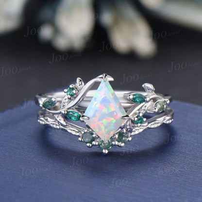 1ct Kite Cut White Opal Bridal Ring Set 10K Rose Gold Branch Engagement Ring Emerald Opal Wedding Ring Moss Agate Wedding Band for Women