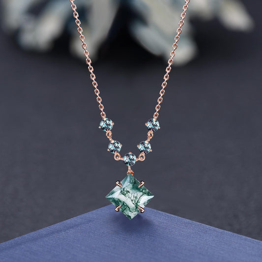 2ctw Princess Cut Natural Moss Agate Drop Necklace Solid 9K Rose Gold Vintage Moss Agate Alexandrite Pendant Women Anniversary Birthday Gift