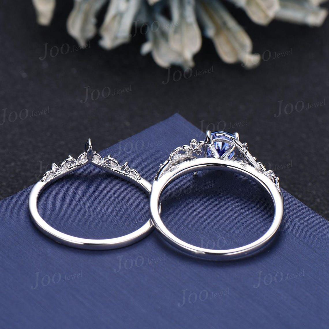 1ct Round Cut Natural Tanzanite Wedding Ring Set Unique Floral Branch Tanzanite Blue Sapphire Bridal Ring Platinum Engagement Ring for Women