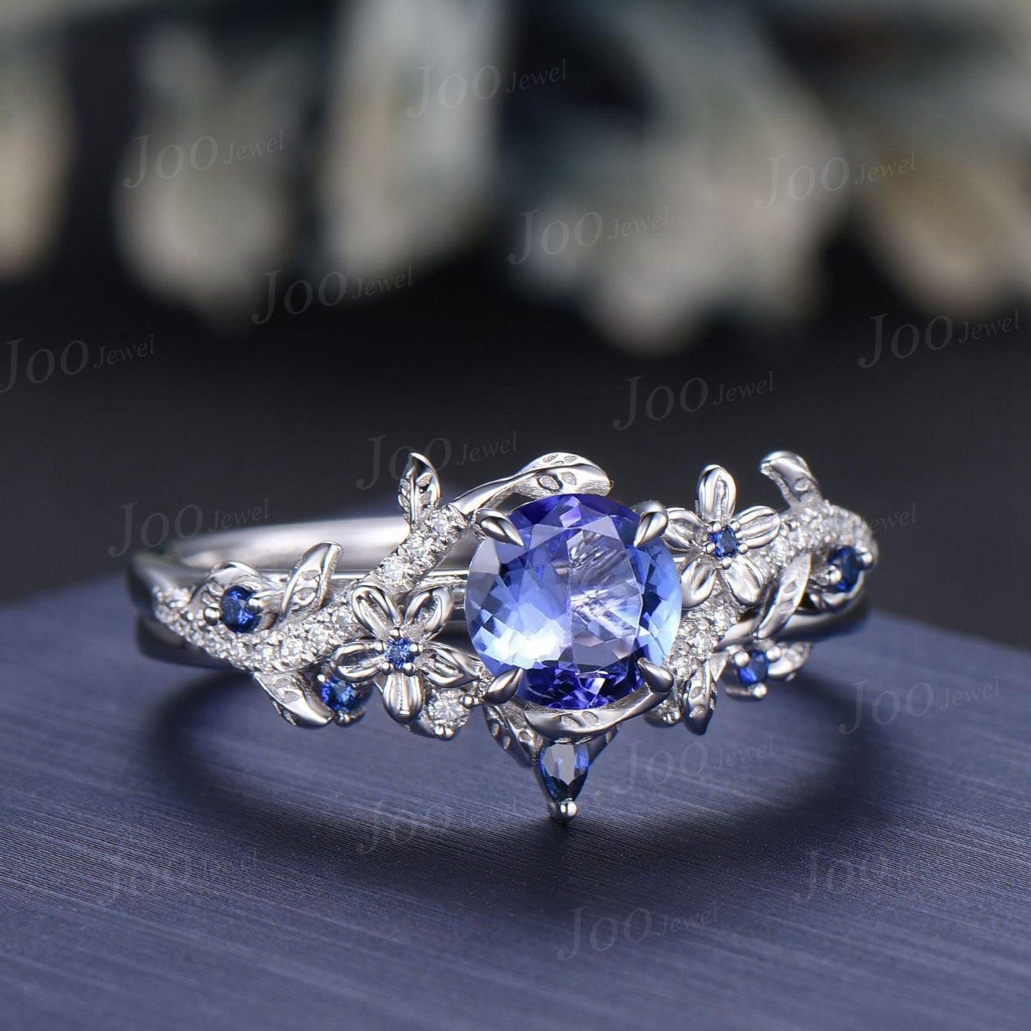1ct Round Cut Natural Tanzanite Wedding Ring Set Unique Floral Branch Tanzanite Blue Sapphire Bridal Ring Platinum Engagement Ring for Women