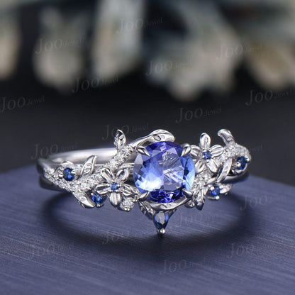 1ct Round Cut Natural Tanzanite Wedding Ring Set Unique Floral Branch Tanzanite Blue Sapphire Bridal Ring Platinum Engagement Ring for Women