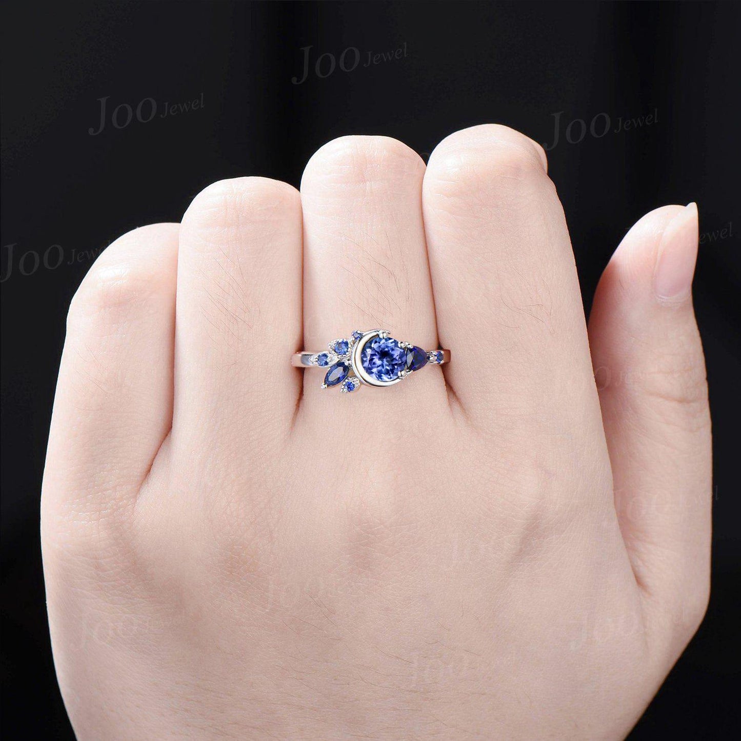 5mm Round Cut Natural Tanzanite Cluster Engagement Ring Unique Sterling Silver Tanzanite Blue Sapphire Crescent Moon Wedding Ring for Women