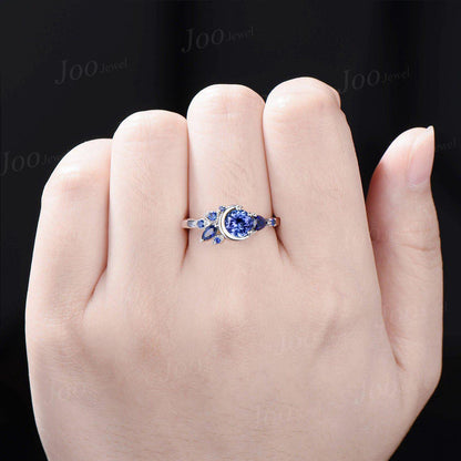 5mm Round Cut Natural Tanzanite Cluster Engagement Ring Unique Sterling Silver Tanzanite Blue Sapphire Crescent Moon Wedding Ring for Women