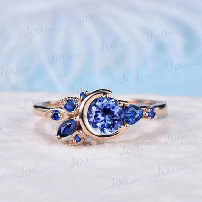 5mm Round Cut Natural Tanzanite Cluster Engagement Ring Unique Sterling Silver Tanzanite Blue Sapphire Crescent Moon Wedding Ring for Women