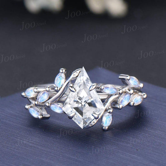 Kite Cut Lab Diamond Engagement Ring with IGI Certificate 10K White Gold Nature Inspired Cluster Moonstone Ring Unique Bridal Proposal Rings