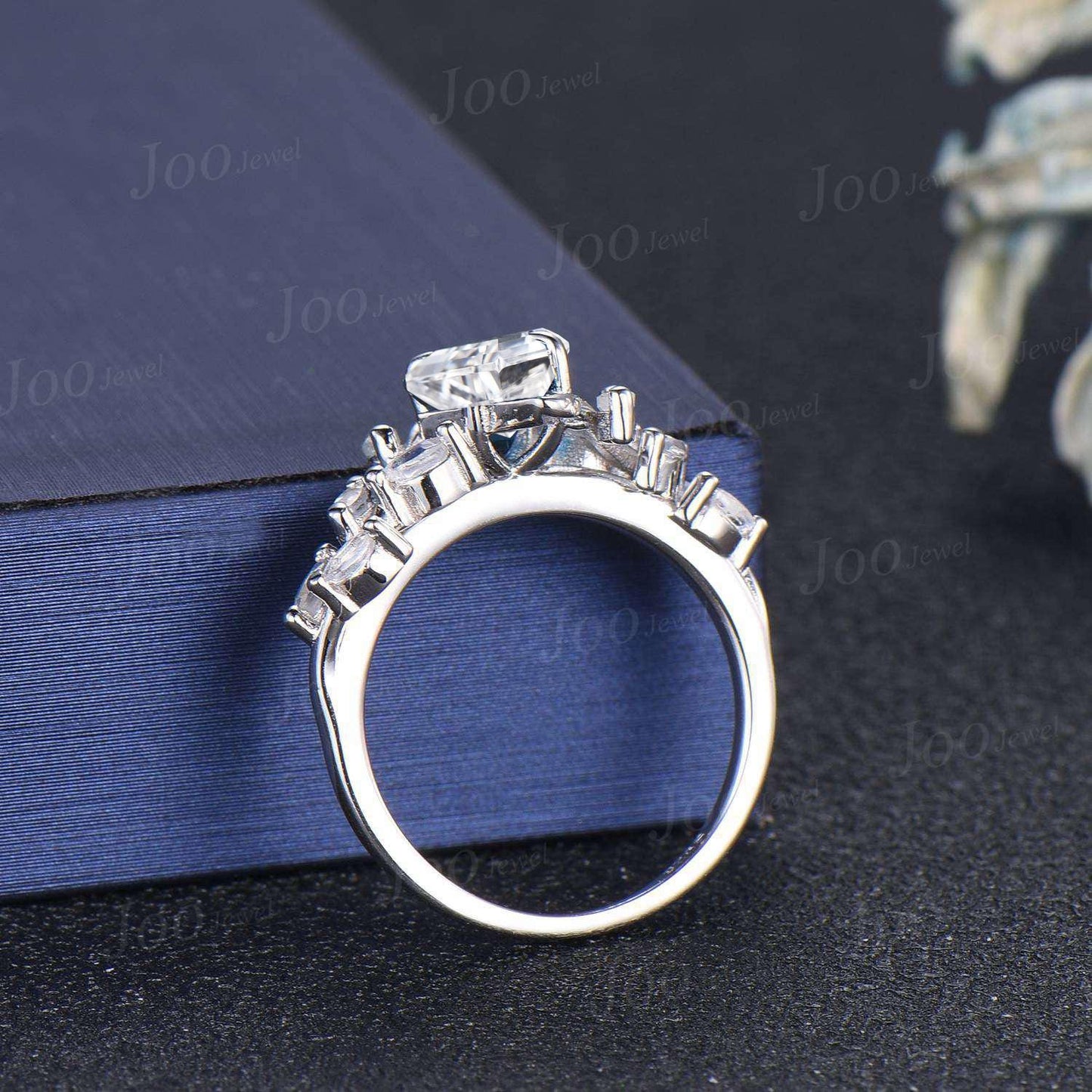 Kite Cut Lab Diamond Engagement Ring with IGI Certificate 10K White Gold Nature Inspired Cluster Moonstone Ring Unique Bridal Proposal Rings