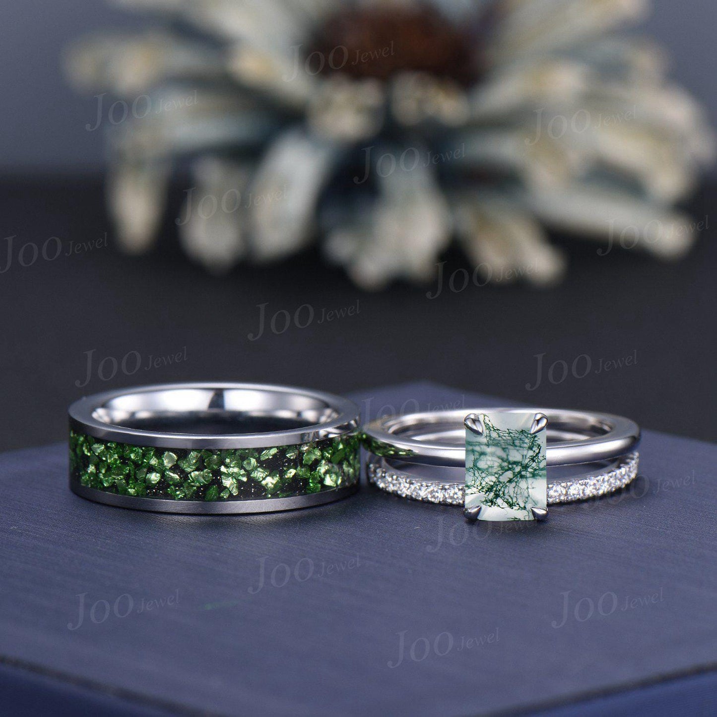 2ct Emerald Cut Moss Agate Couple Ring Set Sterling Silver Vintage Hidden Halo Moss Agate Engagement Ring Promise Anniversary Matching Rings